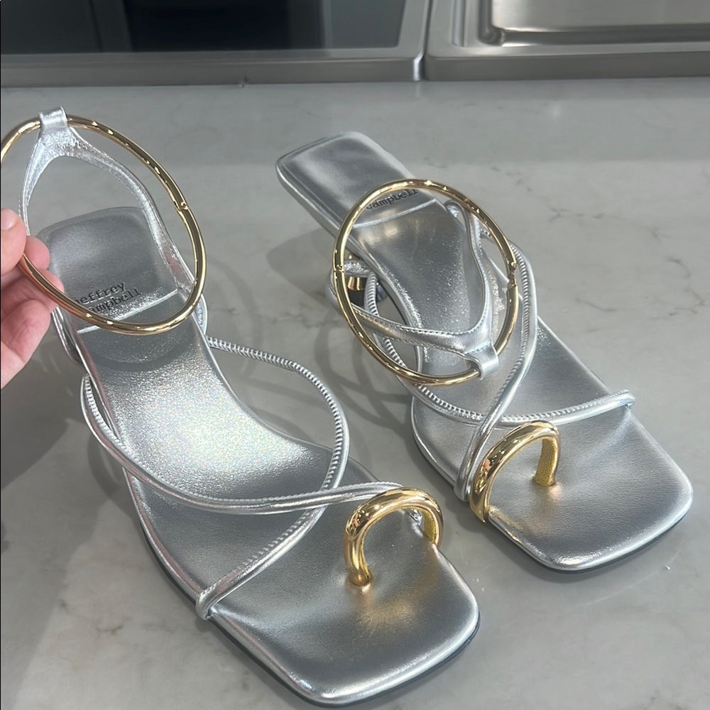Jeffrey Campbell Silver Metallic Strappy Sandals with Gold Rings - Picture 5 of 5